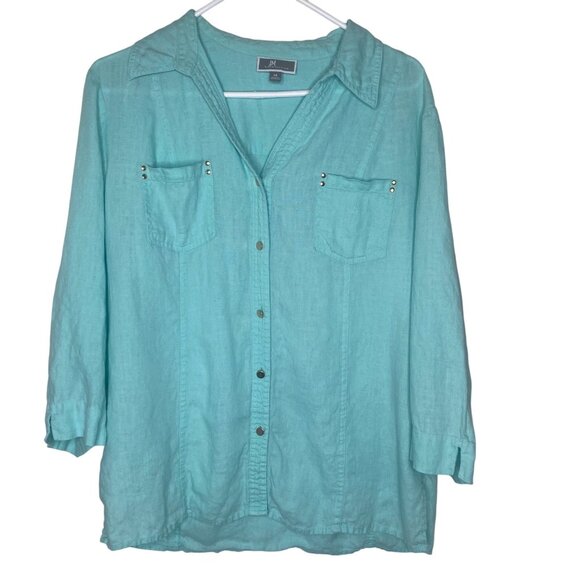 JM Collection Linen Top Womens Size 14 Teel Button Up 3/4 Sleeves Studded Pocket - Picture 1 of 14